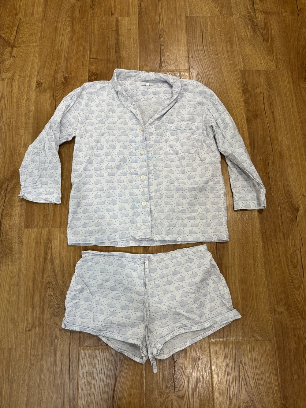 Marigot Lorient Block Print Button Down Shorts Pajama Set Whales 100% Cotton